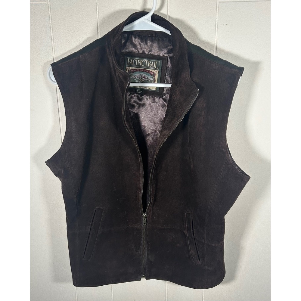 VTG Pacific Trail Mens Brown Suede Leather Cotton Back Zip Front Vest Large